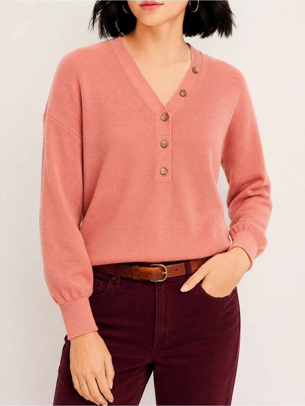 LOFT Coral Striped Henley Sweater – Size M | NWT